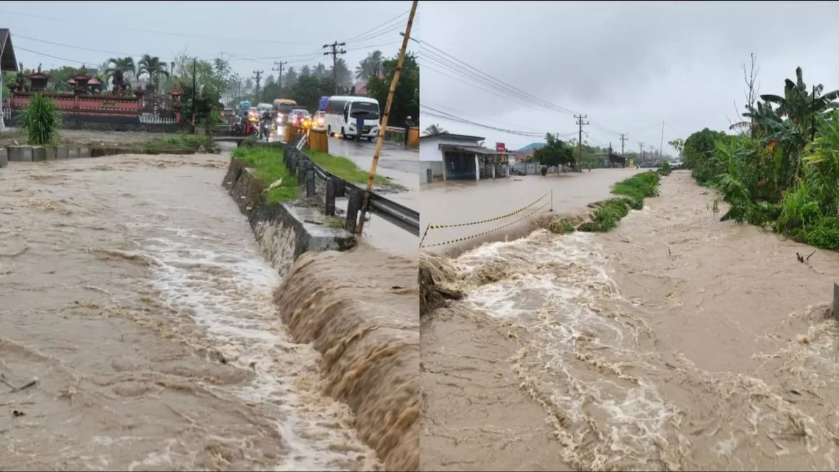 Banjir besar merendam jalan Trans Sulawesi di Desa Tolai, Parigi Moutong setelah hujan lebat memicu luapan sungai setempat.