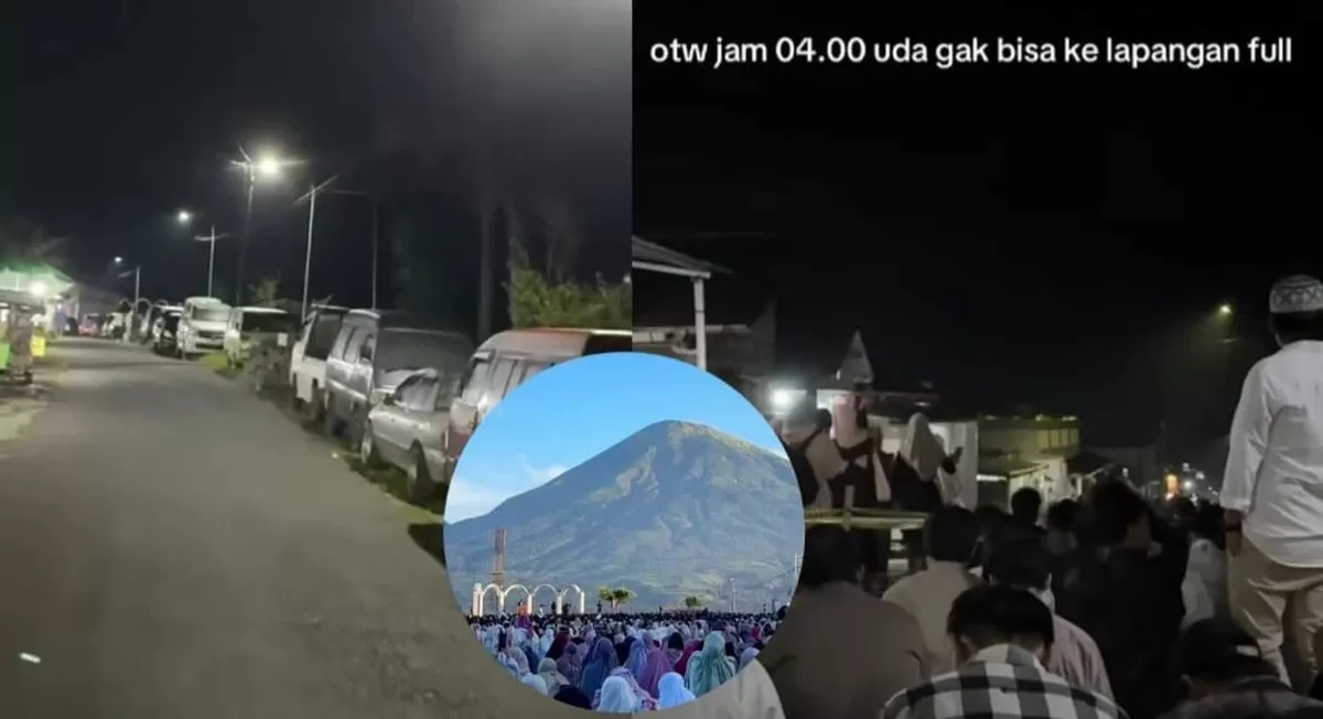 Pesona salat Id berlatar Gunung Sindoro bikin Lapangan Garung Wonosobo penuh sesak sejak malam. Jemaah terpaksa meluber ke atap rumah warga.