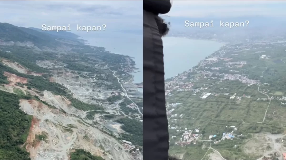 Video udara paralayang ungkap kerusakan parah pesisir teluk yang berubah jadi abu-abu. Warga protes sesak napas akibat debu pekat.
