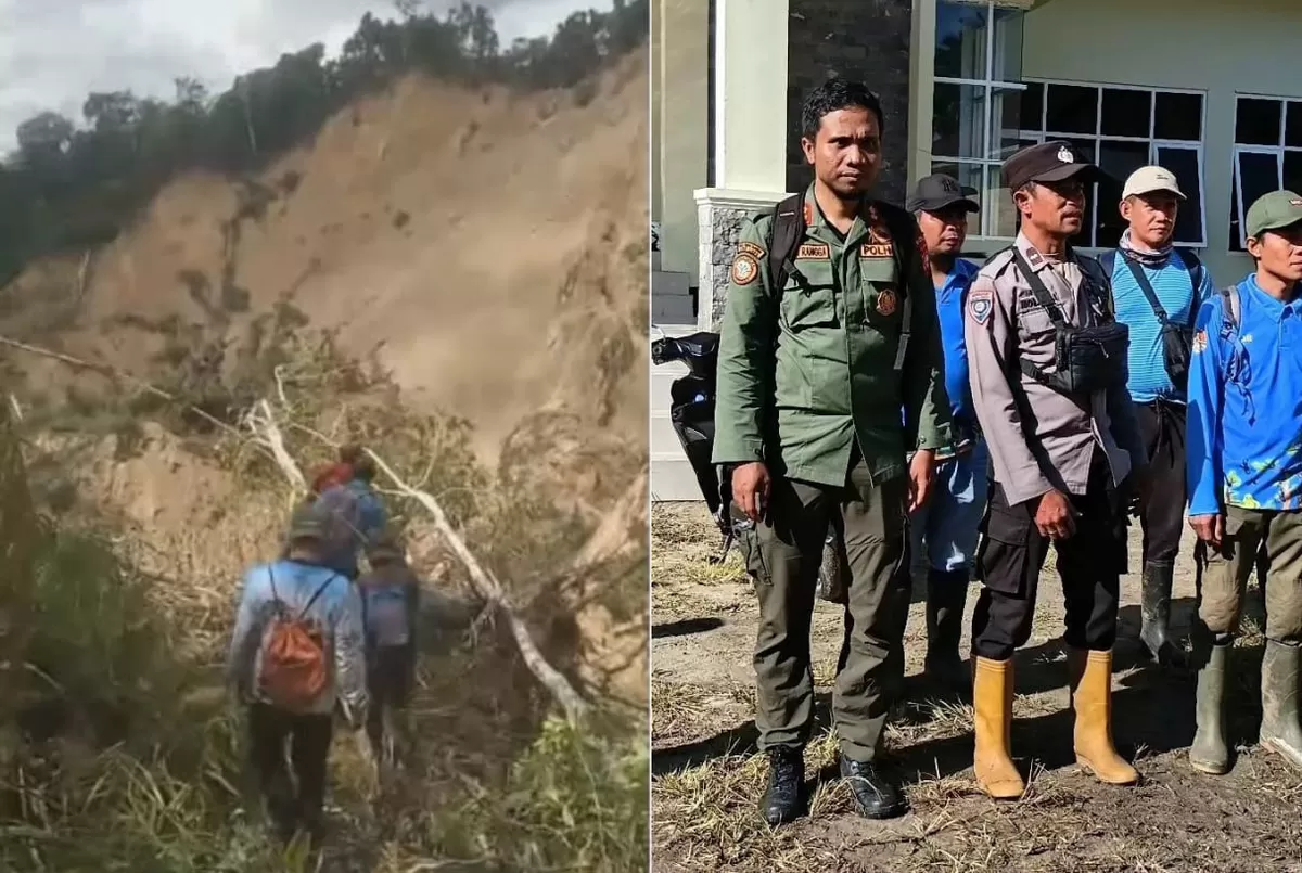 Tim gabungan memeriksa longsor gunung akibat gempa magnitudo 6,7 di Desa Kamarora, Sigi, yang menutup aliran Sungai Kamarora dan Sungai Keli.