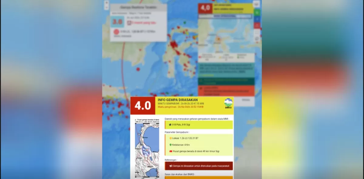Gempa dangkal Magnitudo 4,0 mengguncang Sigi Sulawesi Tengah malam ini. BMKG mencatat pusat lindu berada di kedalaman empat kilometer.