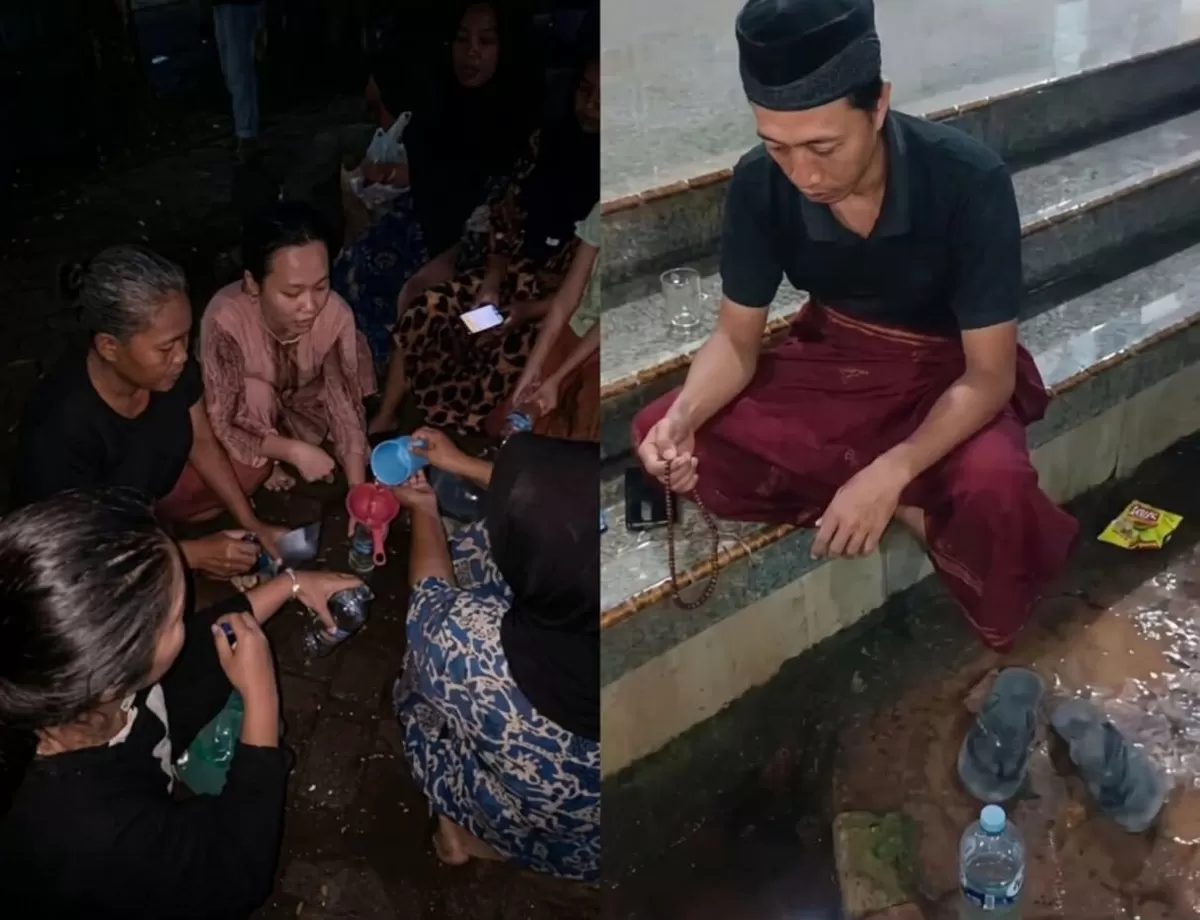 Warga Dusun Masin Kudus geger antre tampung air berkah dari teras rumah yang ternyata hanyalah aliran kebocoran pipa PDAM.