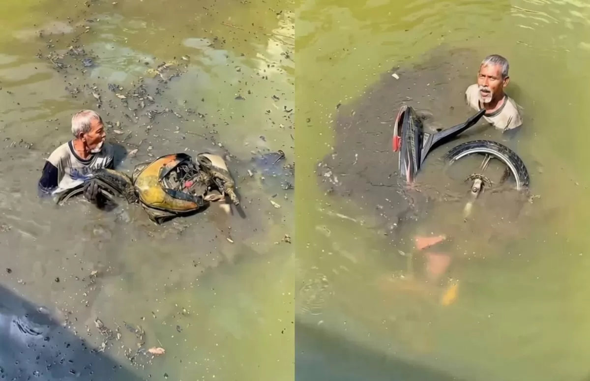 Video viral rekam aksi pria paruh baya yang temukan dua sepeda motor matic berlumpur di dasar sungai saat menjala ikan. Diduga motor curian.