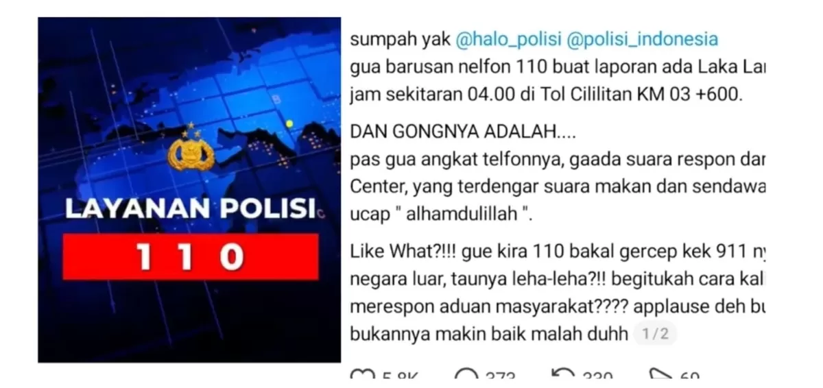 Warganet kritik tajam layanan darurat 110 Polri akibat respons lamban operator. Simak cerita viral warga yang melapor kecelakaan tol.