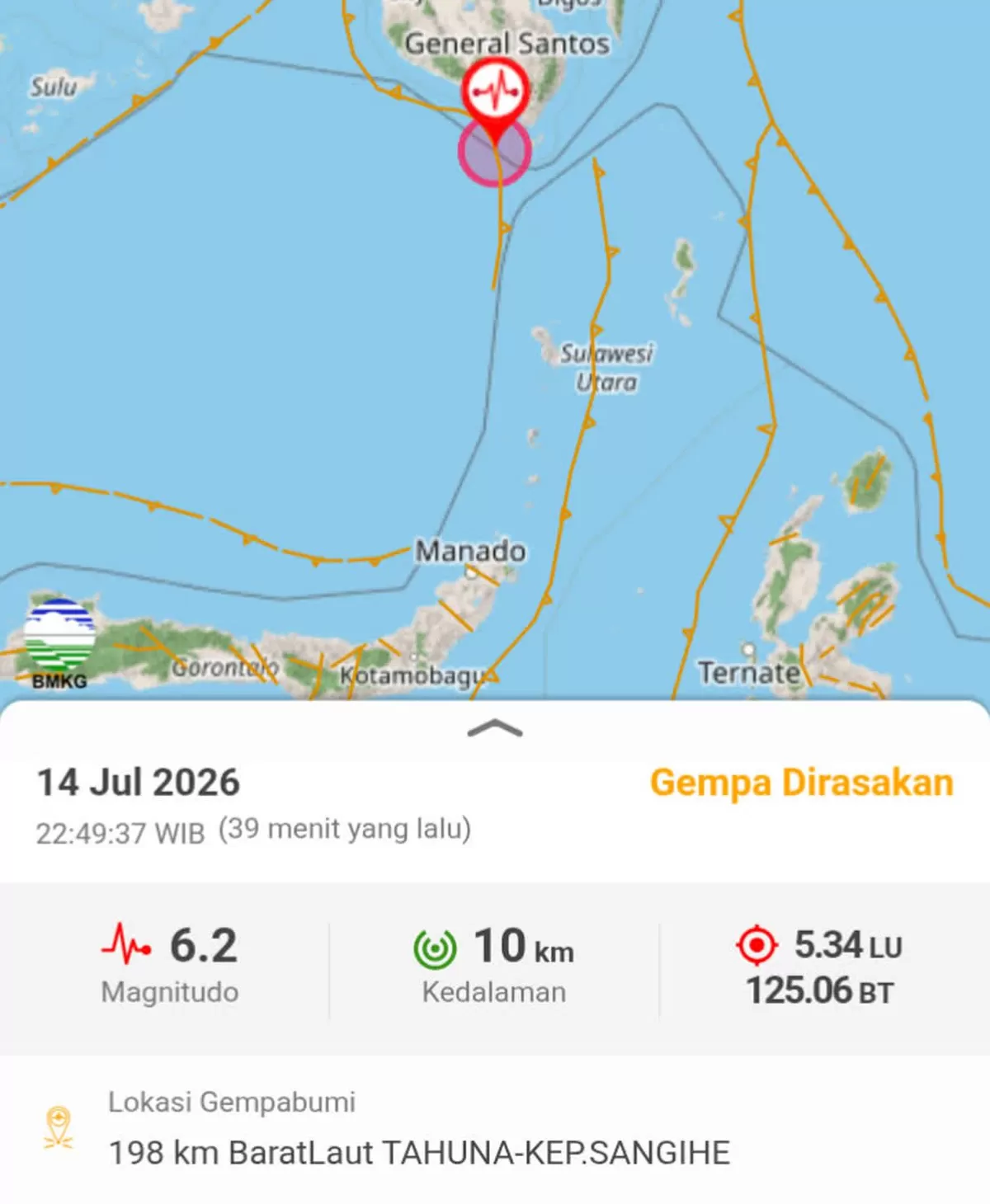 ​Gempa magnitudo 6,2 mengguncang wilayah dekat Kepulauan Sangihe Sulawesi Utara. BMKG memastikan getaran tektonik ini tidak memicu tsunami.