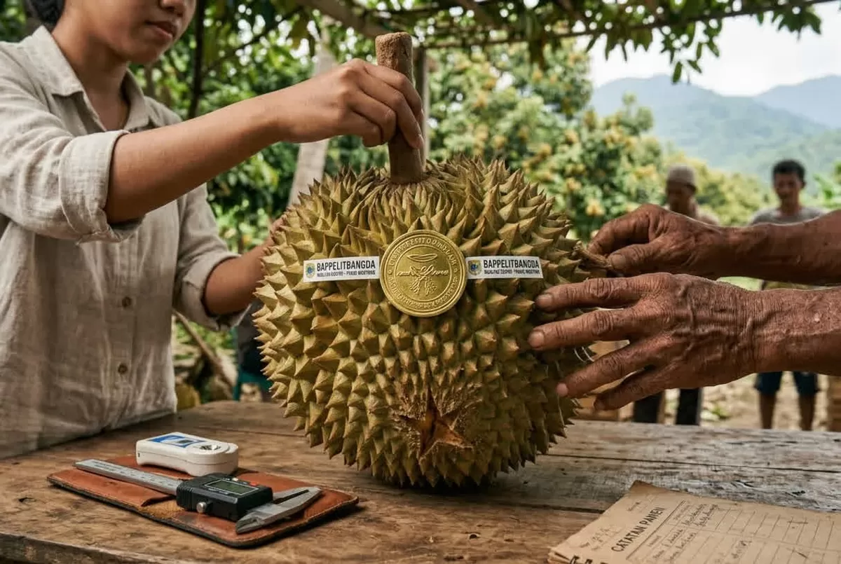 Panduan praktis memilih Durian Parigi Moutong matang pohon. Pelajari ciri fisik buah lokal unggulan pendampingan Bappelitbangda di sini!