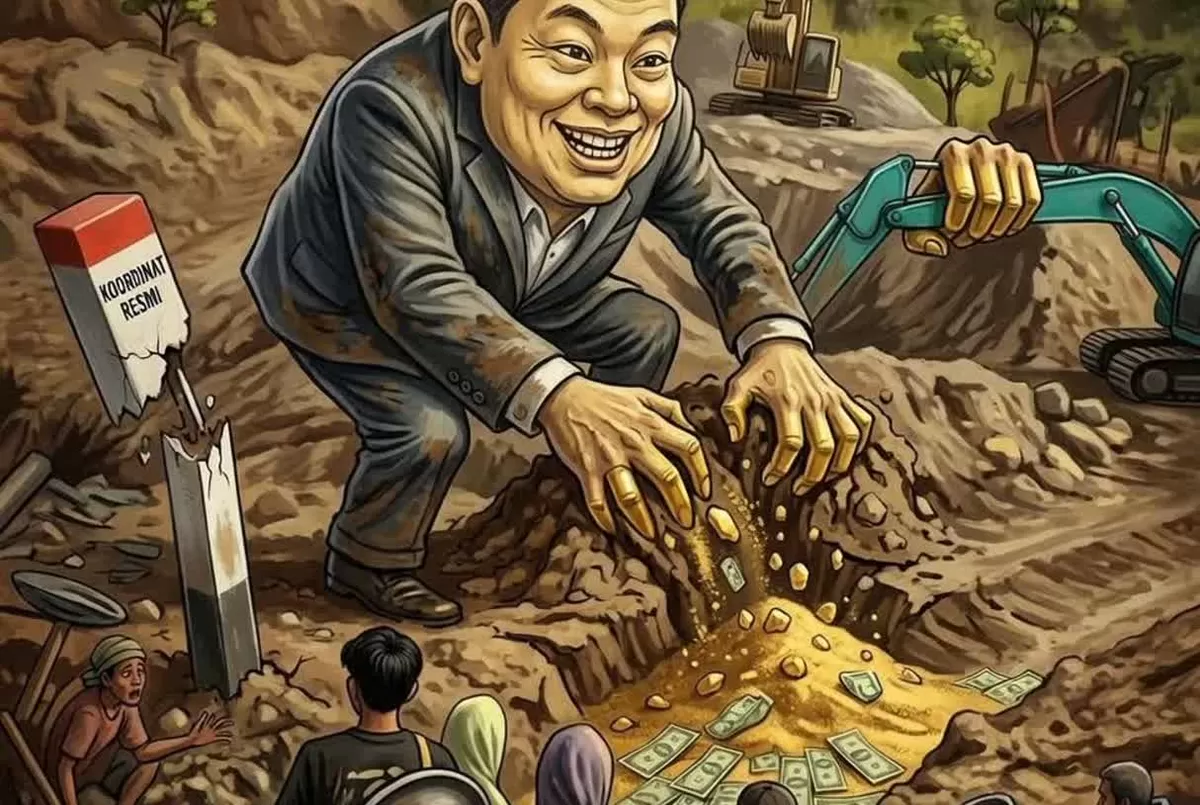 Mengusut dugaan manipulasi izin tambang emas rakyat Kayuboko yang dijadikan tameng pengerukan lahan ilegal pada 5 Agustus 2026. (Foto: karikatur ilustrasi)