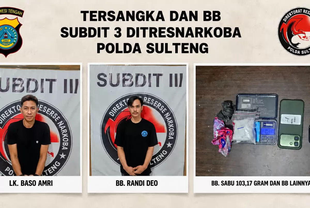 Polda Sulteng menangkap dua pengedar sabu seberat 103 gram di Jalan Trans Sulawesi Kota Palu pada Minggu 16 Agustus 2026.