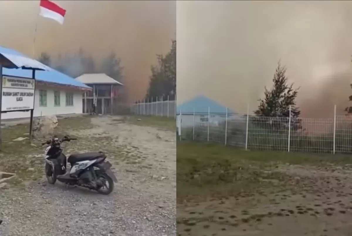 Kebakaran lahan mengancam RSUD dan SMA Negeri 1 Ilaga Kabupaten Puncak akibat musim kemarau panjang pada Sabtu, 22 Agustus 2026.