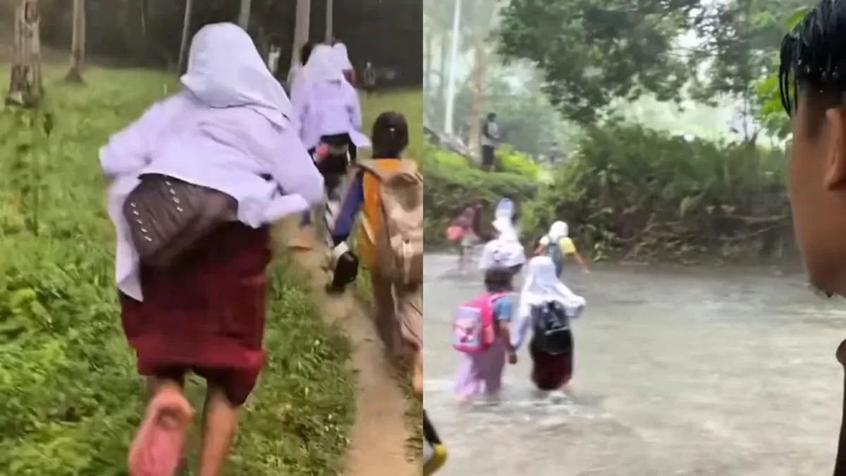 Siswa SD di wilayah pelosok Sulawesi Tengah menyeberangi sungai sebelum meluap saat pulang sekolah.  (Instagram/najib_nadir)