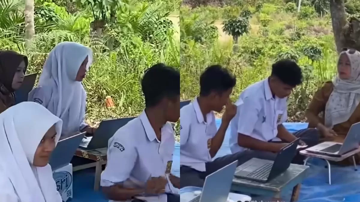 Viral pelajar SMP di Lima Puluh Kota, Sumbar ujian TKA di atas bukit. (TikTok/payakumbuhkini)