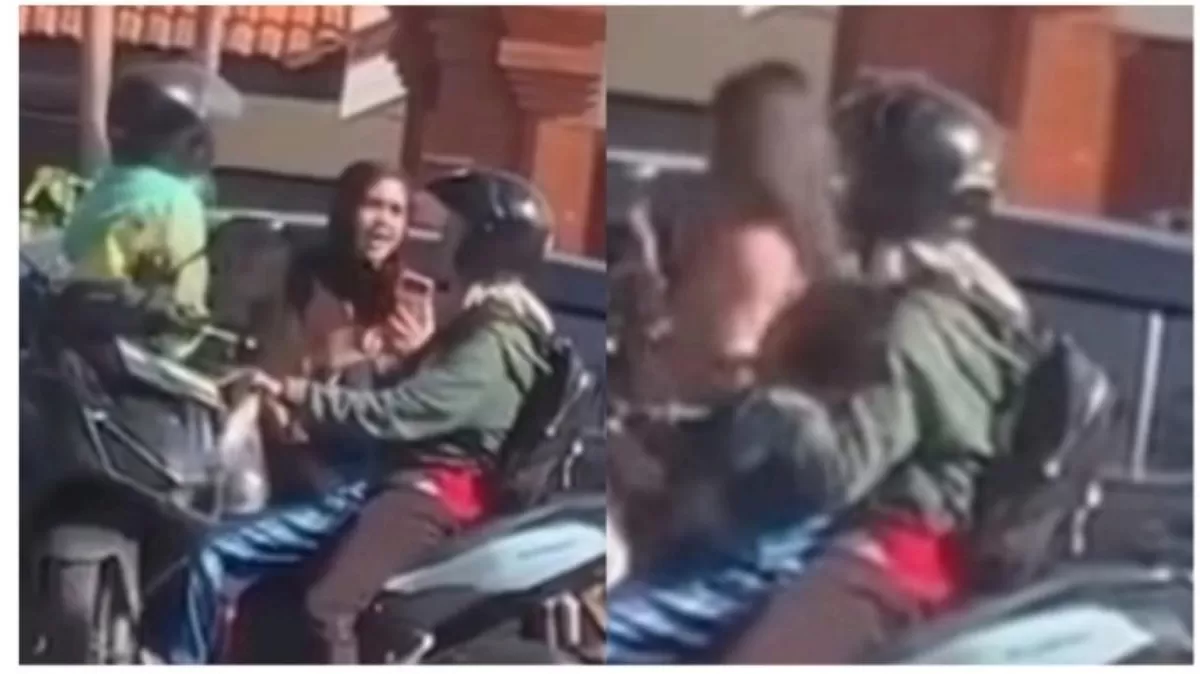 Tampak seorang wanita emosi hingga memukul anak pengendara motor di Mojokerto (Promedia / congkalikodok24)