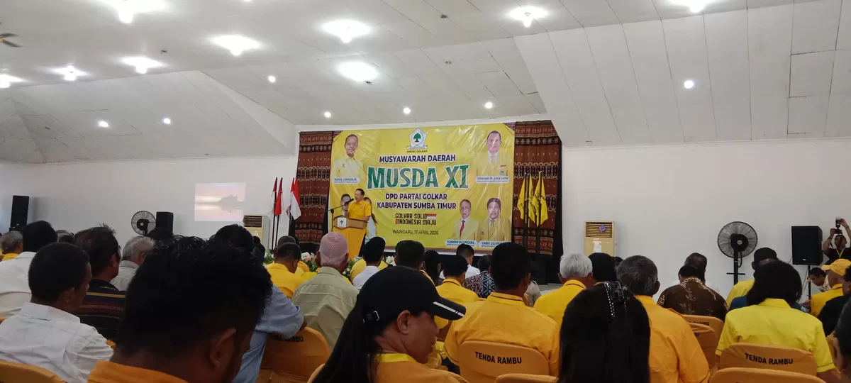 Ketua DPD Golkar Nusa Tenggara Timur, Fransiskus Xaverius Alain Niti Susanto saat menyampaikan sambutannya pada pembukaan Musda XI Golkar Sumba Timur. (sabanapedia.com/jumal)