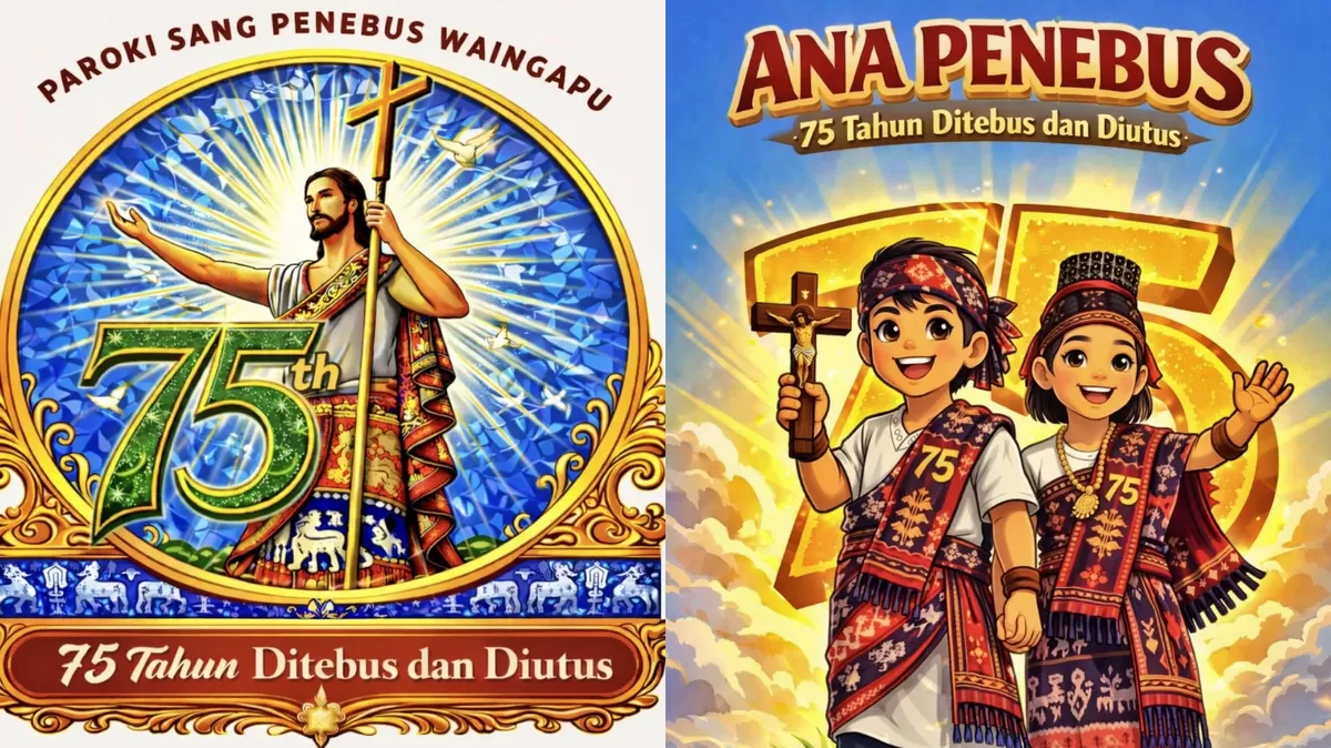 Kolase foto logo dan Maskot Ana Penebus untuk perayaan HUT ke-75 Paroki Sang Penebus Waingapu. (Dokumentasi_Panitia)