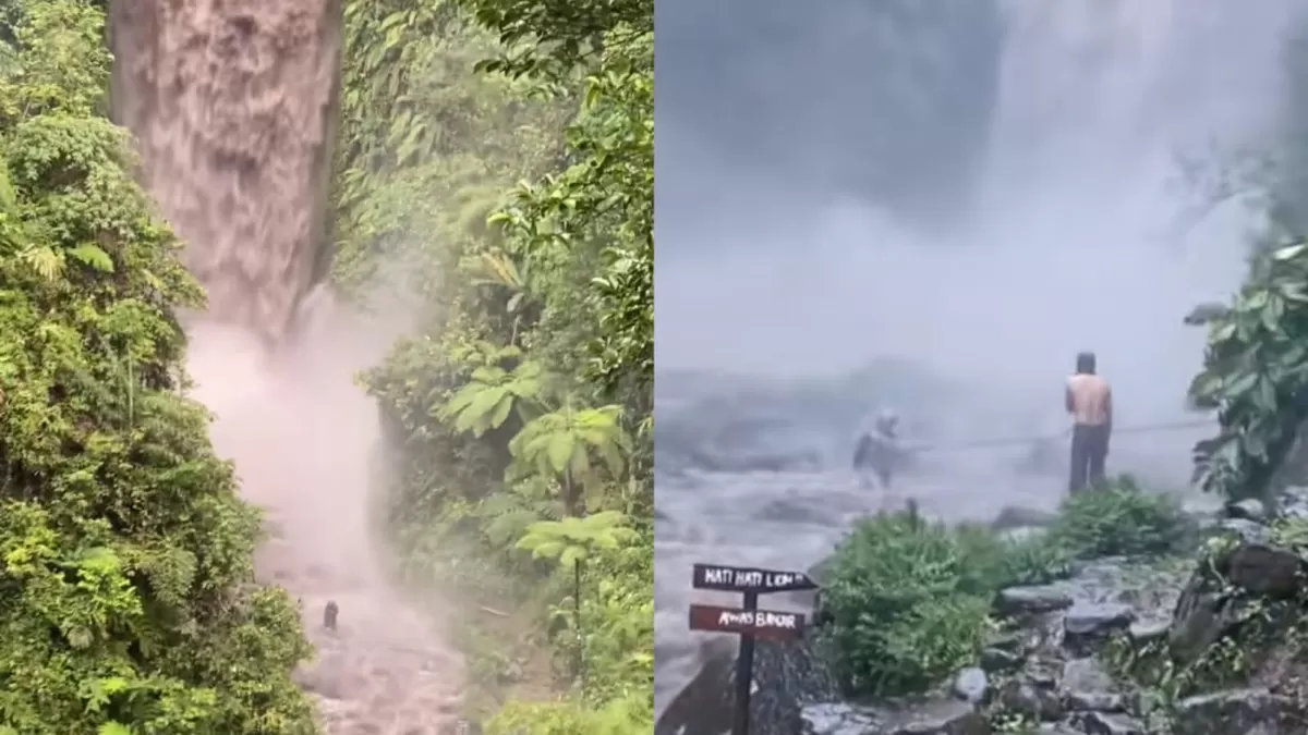 Wisatawan terjebak di Curug Gomblang, Banyumas saat tiba-tiba debit air meningkat. (TikTok/mld.filter)