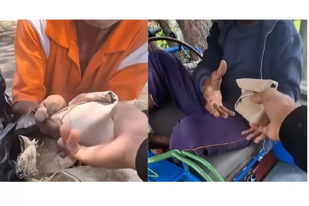 Siswa SMKN 1 Ngasem Kediri Bagikan MBG ke orang-orang di pinggiran jalan yang membutuhkan.  (Instagram/nopppsaja_) 