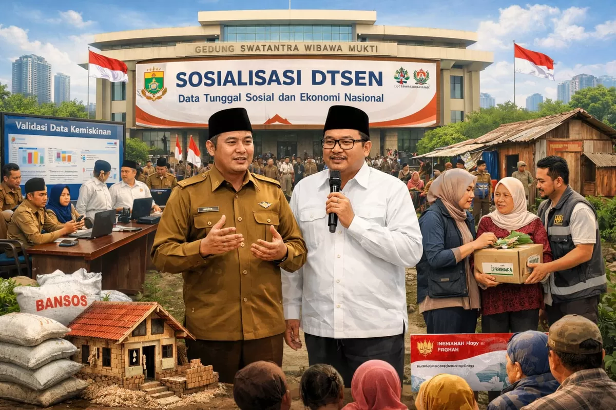 Ilustrasi Menteri Sosial Saifullah Yusuf dan Asep Surya Atmaja Plt Bupati Bekasi Sosialisasikan DTSEN (Ai)