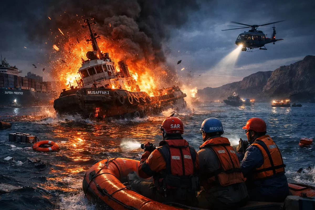 Ilustrasi Tragedi Ledakan Kapal di Selat Hormuz dengan Tiga ABK Asal Indonesia yang Dinyatakan Hilang (Ai)