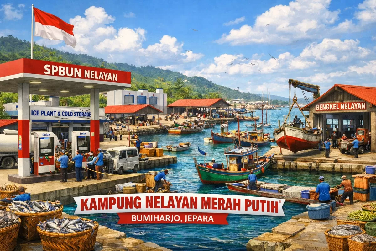 Ilustrasi Kampung Nelayan Merah Putih Bumiharjo, Jepara, Jawa Tengah, yang dilengkapi dengan SPBUN Nelayan  (Ai)