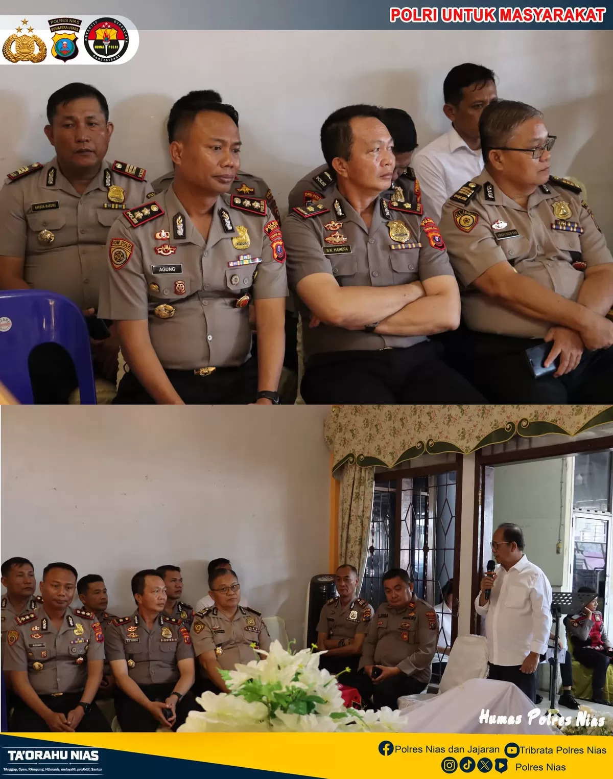 Kapolres Nias AKBP Agung S.D.C menghadiri kegiatan layatan atas meninggalnya Alm. Enrico Ifolala Lase, S.Kom, yang merupakan Wakil Ketua DPRD Kota Gunungsitoli, bertempat di kediaman duka di Gunung si
