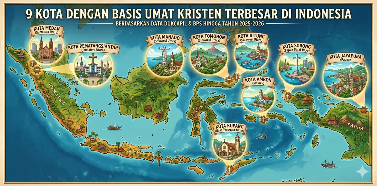 Ilustrasi Sembilan Kota dengan Basis Umat Kristen Terbesar di Indonesia (Ai)