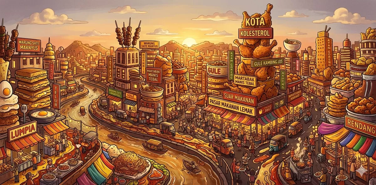Ilustrasi Kota penuh masakan yang menyebabkan Kolesterol  (Ai)
