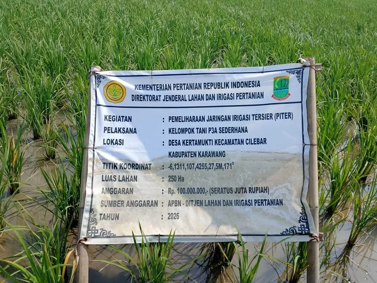 Papan Informasi Pemeliharaan Jaringan Irigasi Tersier (Piter) Desa Kertamukti, Kecamatan Cilebar, Kabupaten Karawang, Jawa Barat  (Istimewa)