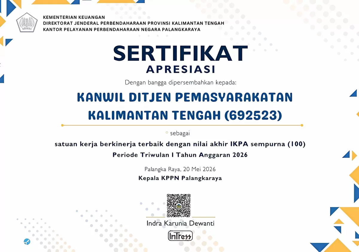 Sertifikat Capaian Berkinerja Terbaik Kanwil Ditjenpas Kalteng 