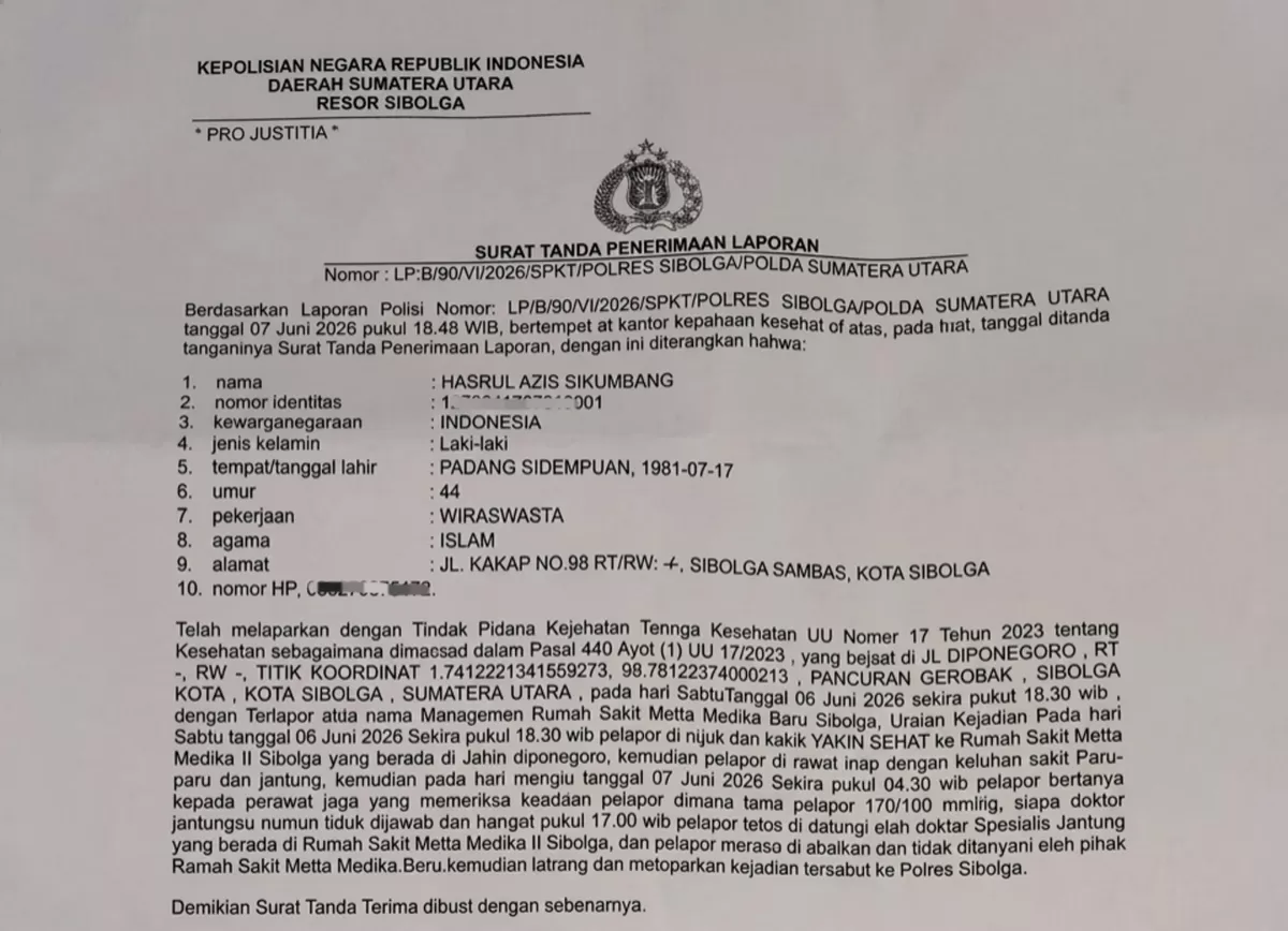 Bukti laporan di Polres Sibolga, Polda Sumatera Utara  (Istimewa)