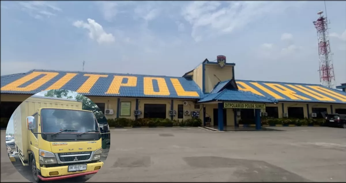 Truk Colt Diesel warna kuning yang berdiri kaku dipasangi garis polisi, di halaman Dit Polairud Polda Sumatera Utara  (MH Nawacita)