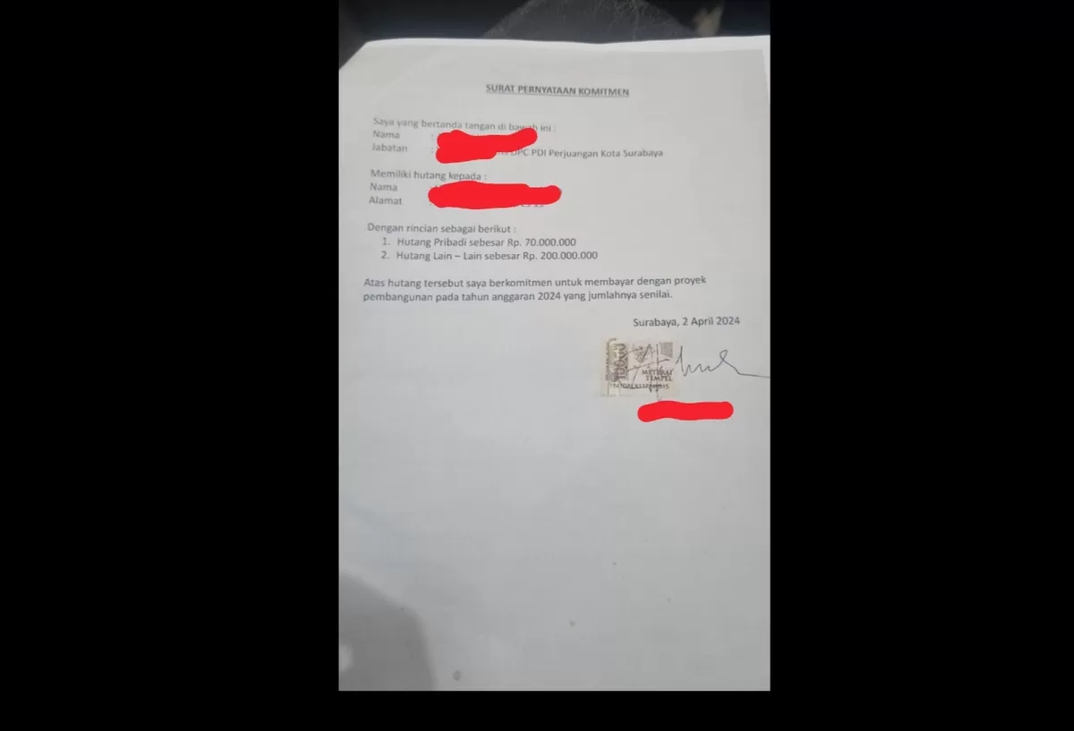 Sebuah dokumen &ldquo;Surat Pernyataan Komitmen&rdquo; tertanggal 2 April 2024 memunculkan pertanyaan serius mengenai hubungan utang pribadi dengan proyek pembangunan pada tahun anggaran 2024 di Kota Surabaya.