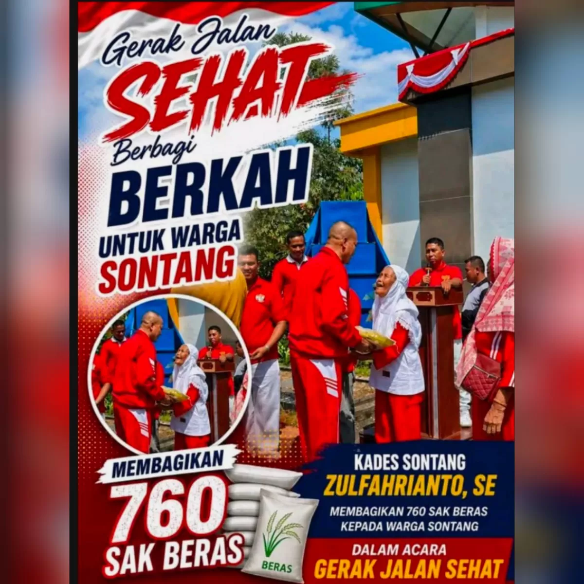 Foto Acara Sambut HUT RI Ke 81, Kades Sontang Zulfahrianto  Ajak Warga Jalan Sehat Dan Berbagi Berkah 750 Sak Beras  (Release )