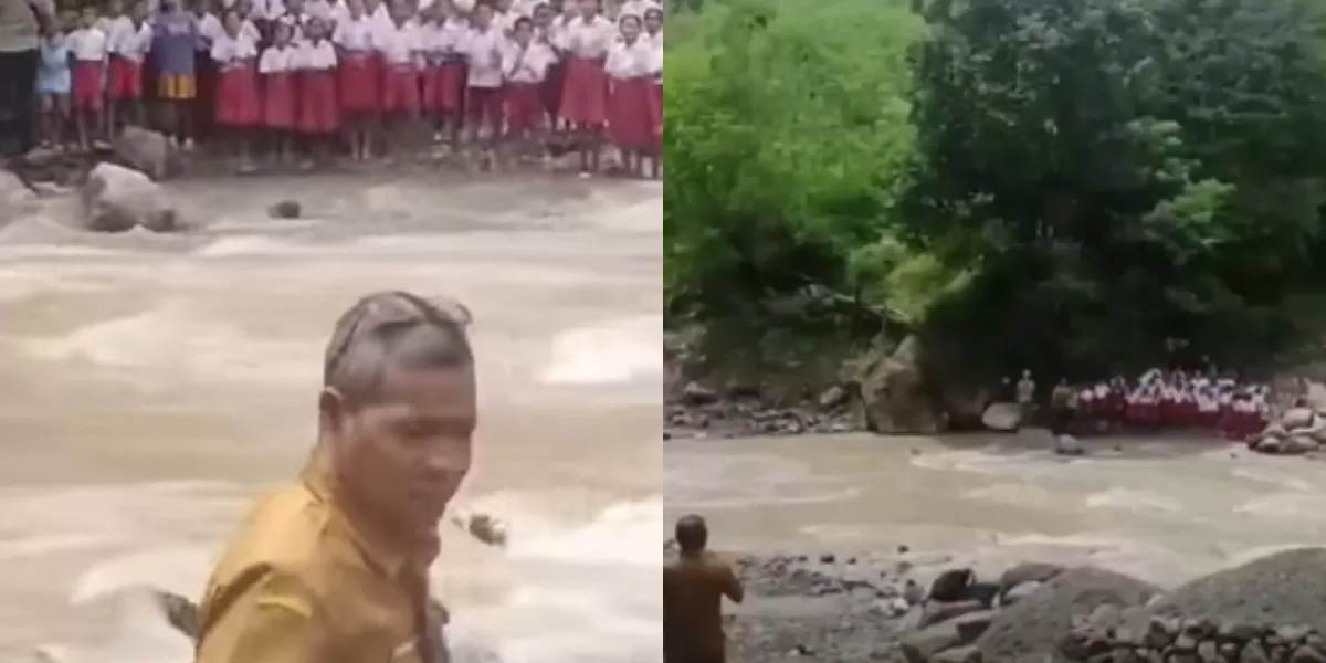 Menyoroti viralnya aksi para siswa SD di wilayah pelosok NTT yang diduga menyambut Kepala Dinas Pendidikan dari seberang sungai. (Instagram.com/@fakta.indo)