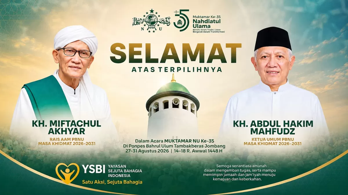 Caption foto: Ketua Pembina YSBI, Habibi alias Mas Bibi, menyampaikan ucapan selamat kepada KH Abdul Hakim Mahfudz dan KH Miftahul Khyar atas terpilihnya sebagai pimpinan PBNU masa khidmah 2026-2031