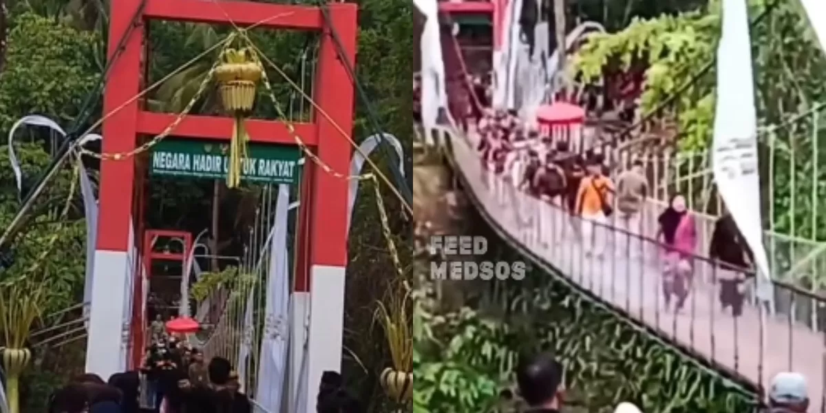 Menyoroti viralnya insiden jembatan gantung yang baru diresmikan Bupati Pangandaran tiba-tiba ambruk. Begini kronologinya. (Instagram.com/@feedmedsos)