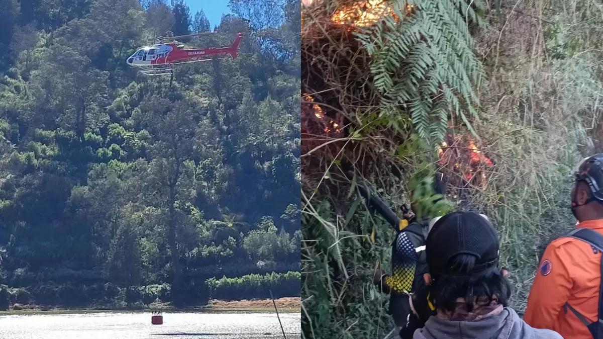 Caption foto: Karhutla Gunung Semeru di Lumajang mencapai sekitar 600 hektare. Helikopter BNPB mulai water bombing dan telah menjatuhkan 21 ribu liter air.