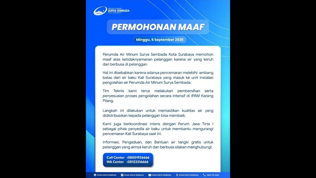 Permintaan maaf Perundang-undangan air minum Surya Sembada Surabaya di akun Instagram resmi @pdamsuryasembada, Minggu (6/9/2026) 