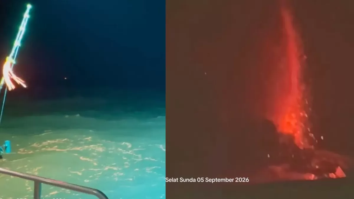 Cerita pemancing yang berada di sekitar Gunung Anak Krakatau saat erupsi terjadi pada 4 dan 5 September 2026. (TikTok.com/@destinasiocy)