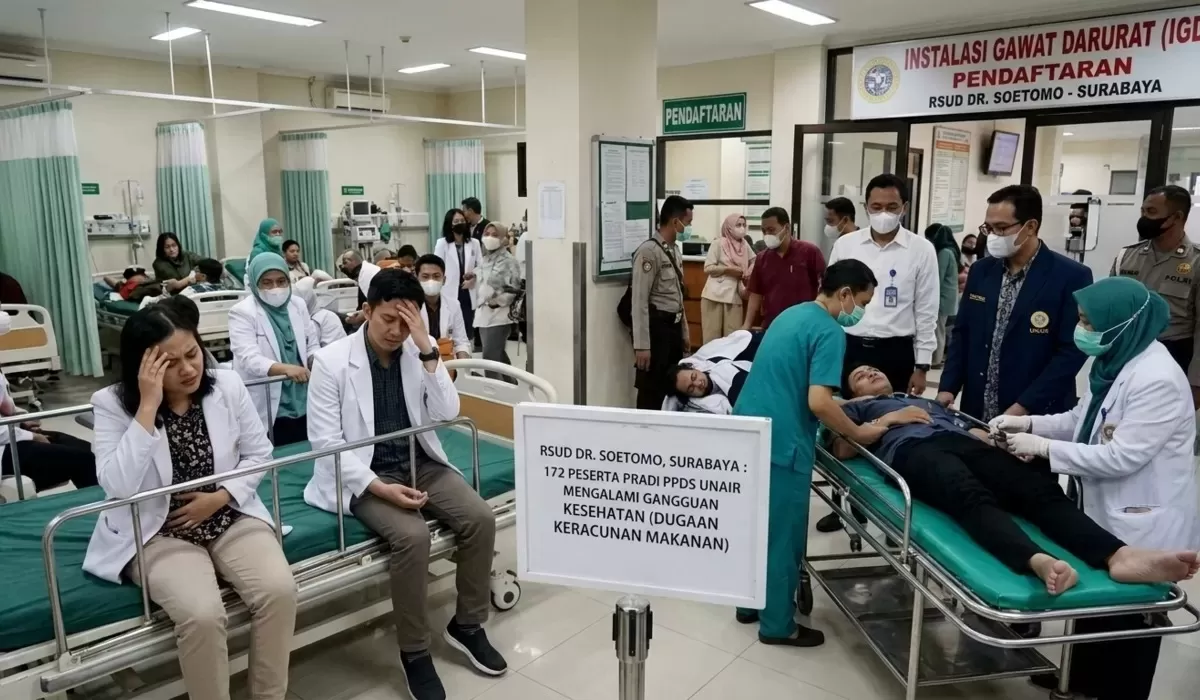 Ilustrasi dugaan keracunan makanan yang dialami 172 peserta Program Pendidikan Dokter Spesialis (PPDS) Fakultas Kedokteran Universitas Airlangga saat kegiatan pradik. (Ilustrasi AI: Indoindikator.com)