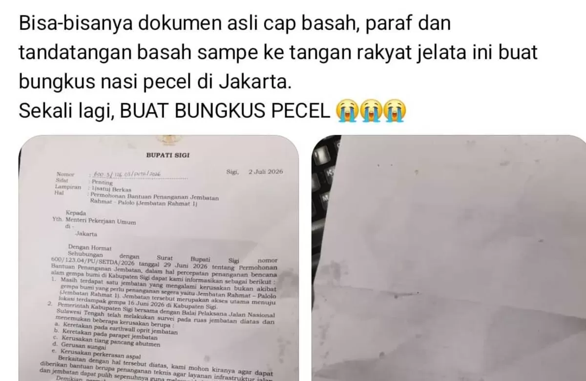 Viral unggahan dokumen Bupati Sigi untuk Menteri PU justru jadi bungkus pecel di Jakarta. (Threads/stevendamai)