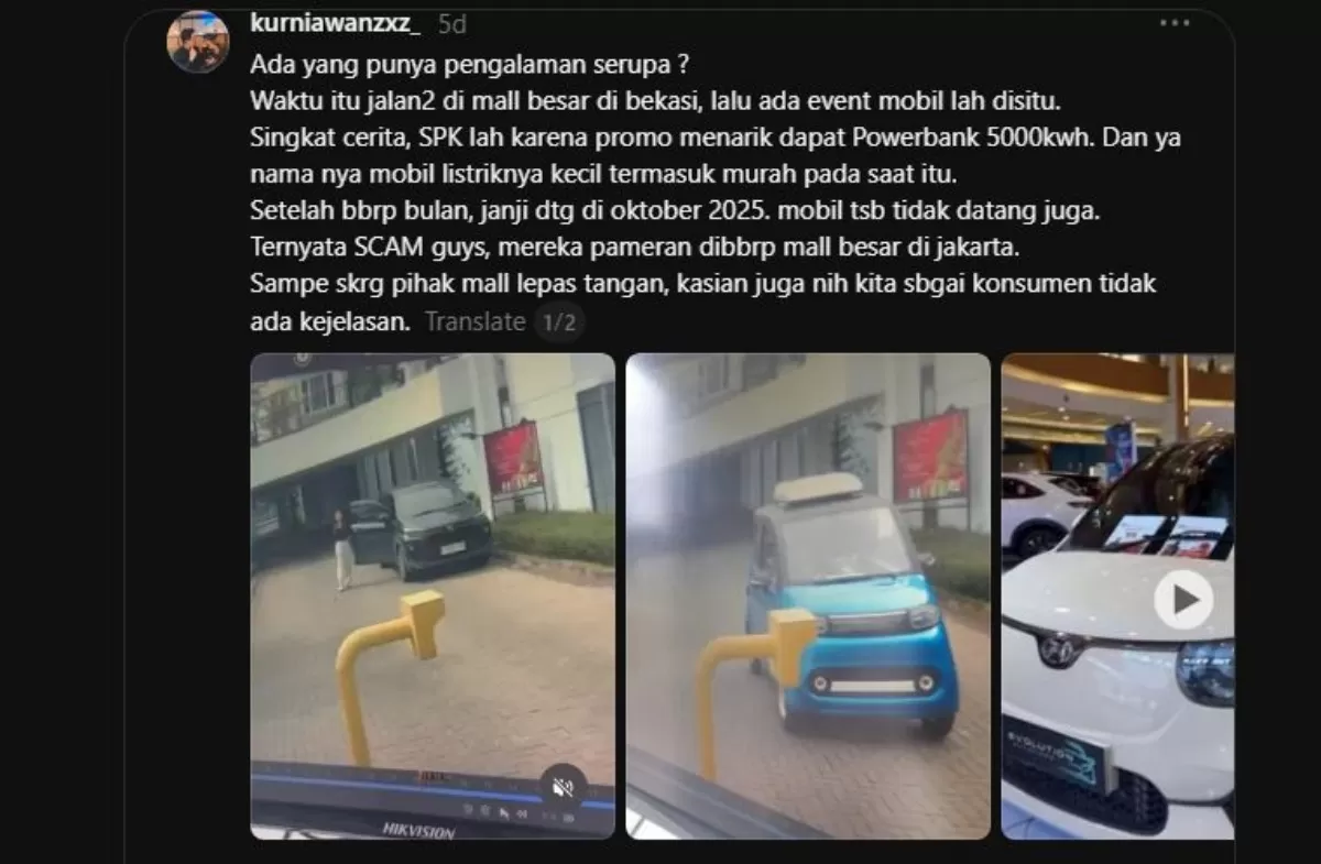 Konsumen bongkar kasus dugaan penipuan pembelian mobil listrik.  (Foto tangkapan layar Threads @kurniawanzxz_)