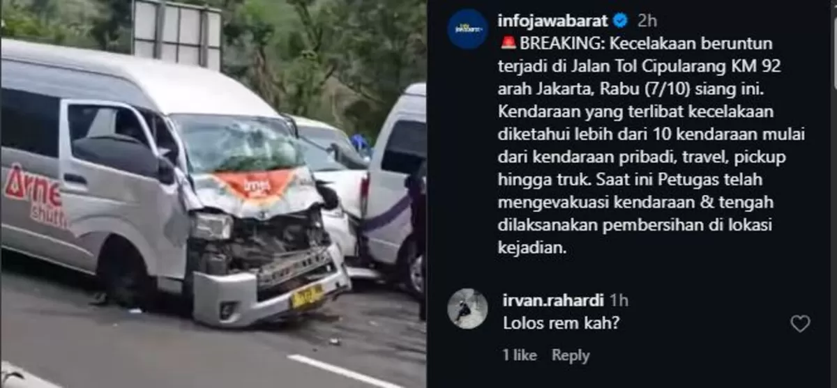 Kecelakaan beruntun di Tol Cipularang KM 92. (Foto: tangkap layar instagram @infojawabarat)