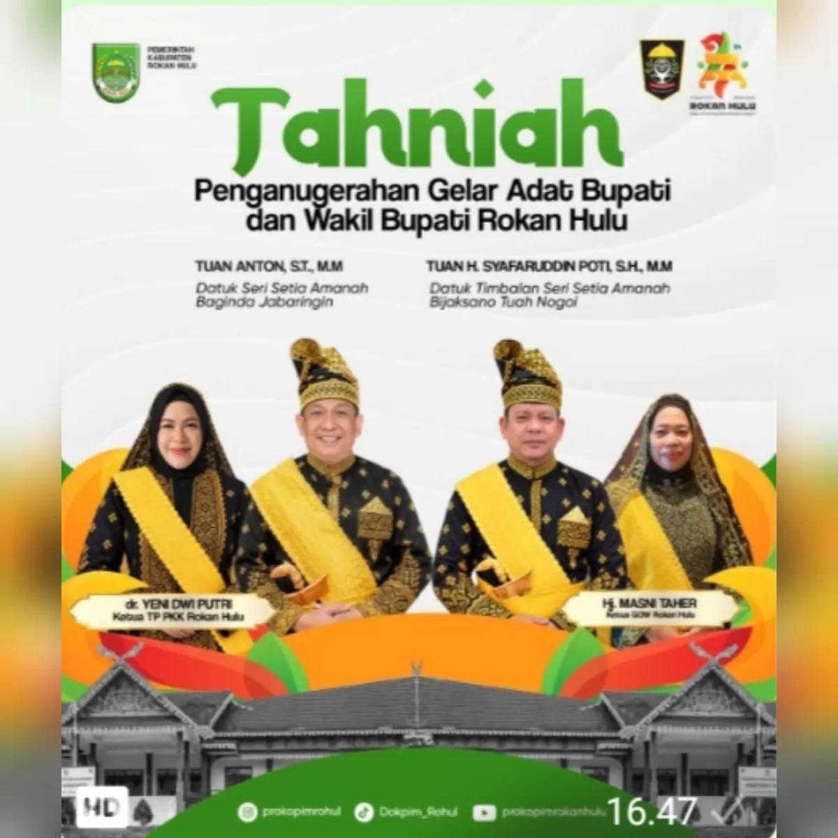 Foto Bupati Anton Sandang Gelar Datuk Seri Setia Amanah Baginda Jabaringin, Wabup Syafaruddin Poti, SH MM Datuk Bijaksano Tuah Nogoi Dari LAMR Rohul  (Diskominfo Rohul )