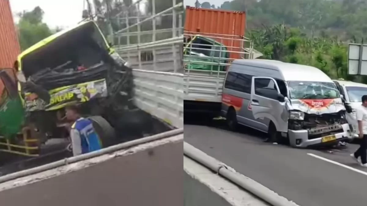 Kecelakaan diduga truk alami rem blong dan membuat kecelakaan beruntun pada 14 mobil di depannya. (Instagram.com/@dashcamindonesia-infojawabarat)