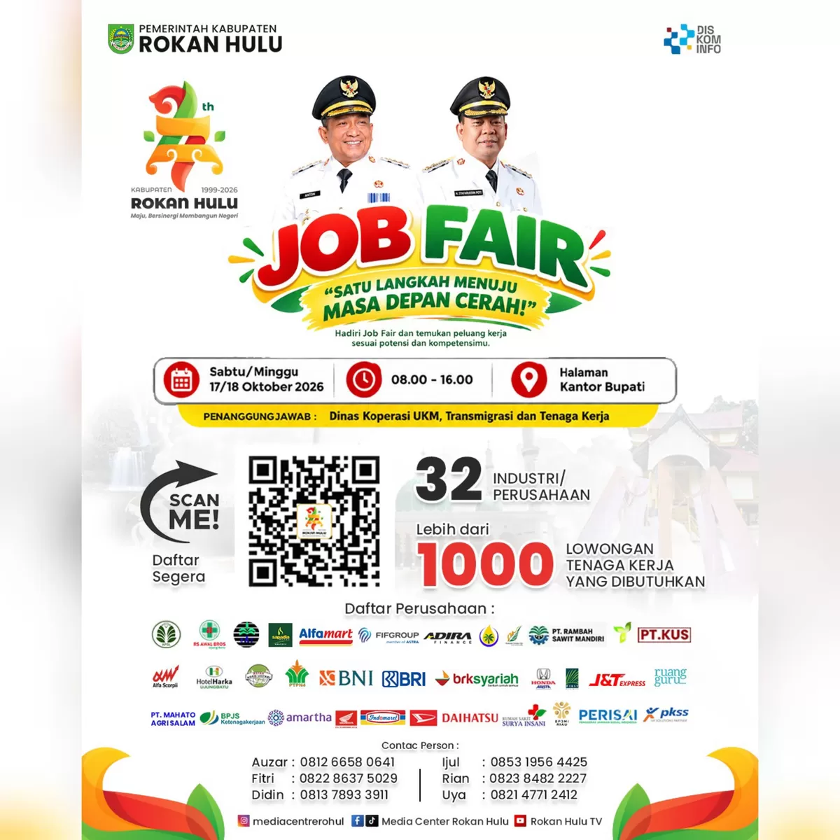 Foto Ayo Warga Rokan Hulu ! Daftarkan Diri Anda di Job Fair Rokan Hulu 2026, Daftar situs resmi di jobfair.rokanhulukab.go.id atau Scan QR Code (Diskominfo Rohul )
