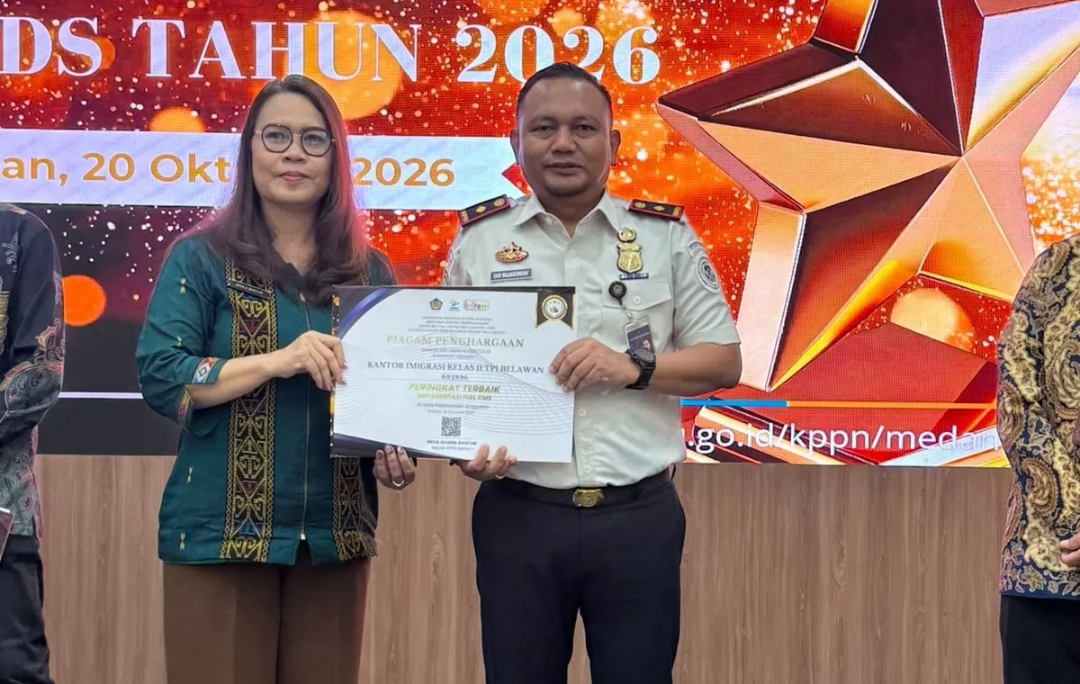 Imigrasi Belawan Raih Penghargaan Terbaik Implementasi Full CMS pada KPPN Medan I Awards 2026 (Foto: Imigrasi Belawan)
