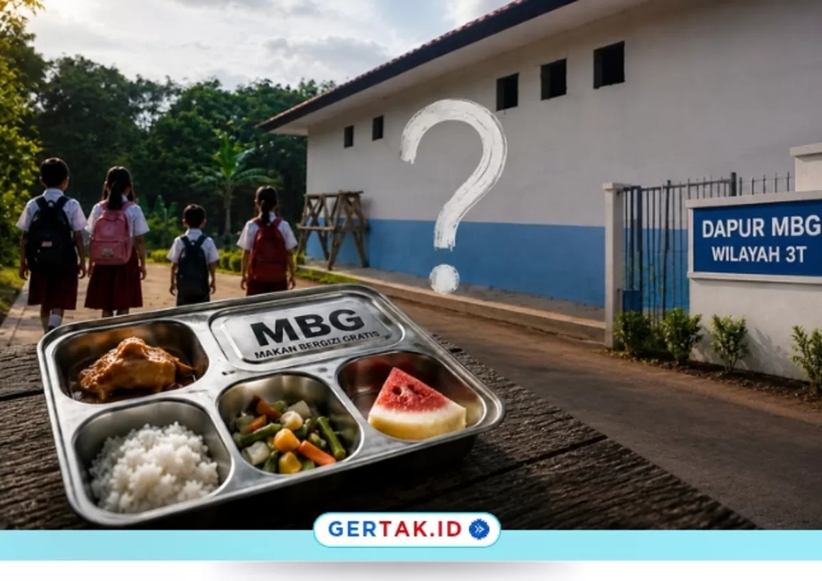 Foto : Potret Gedung MBG di salah satu Desa Di Kecamatan Muncang Lebak Banten. (Didesain ulang dengan menambahkan Ilustrasi anak sekolah dan Menu MBG)