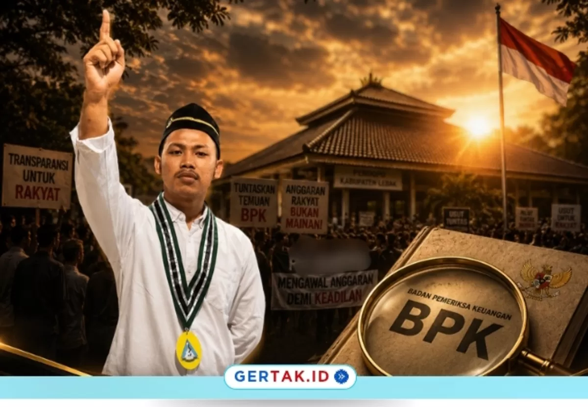 Keterangan Foto: Ketua PII Banten. Visual pendukung berupa ilustrasi Pendopo Kabupaten Lebak, aksi demonstrasi, dan simbol pengawasan anggaran.