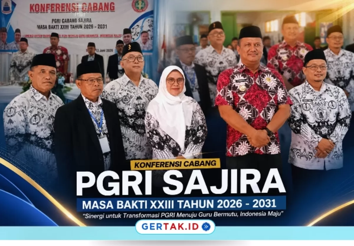 Keterangan : Foto bersama Camat Sajira H. Subekti, SKM, S.Kep., Ners, dengan jajaran pengurus dan peserta Konferensi Cabang PGRI Sajira Masa Bakti XXIII Tahun 2026&ndash;2031 di Aula SDN 1 Sajira