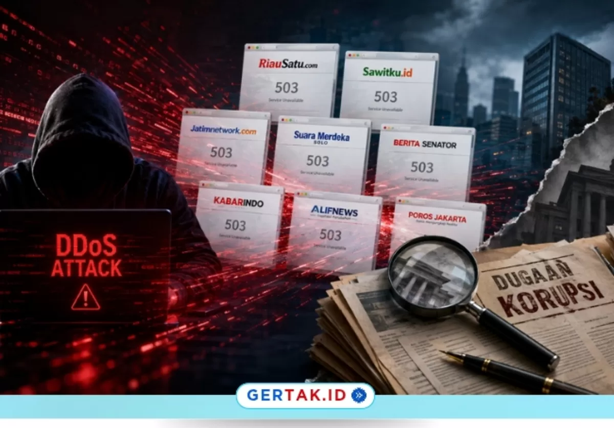Keterangan gambar: Ilustrasi serangan siber DDoS terhadap sejumlah media online yang tergabung dalam Proses Grup diduga terkait memuat pemberitaan dugaan korupsi./Dok. GERTAK.ID/AI